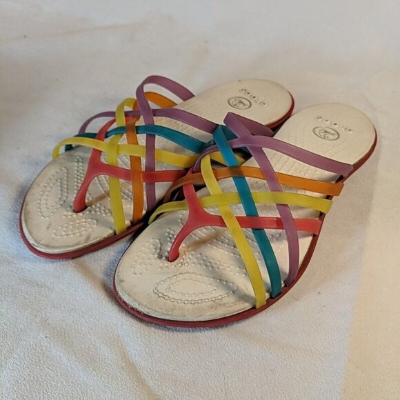 CROCS Rainbow Strappy Sandals Flip Flops Women's W 5 Multicolor Huarache - Picture 7 of 7